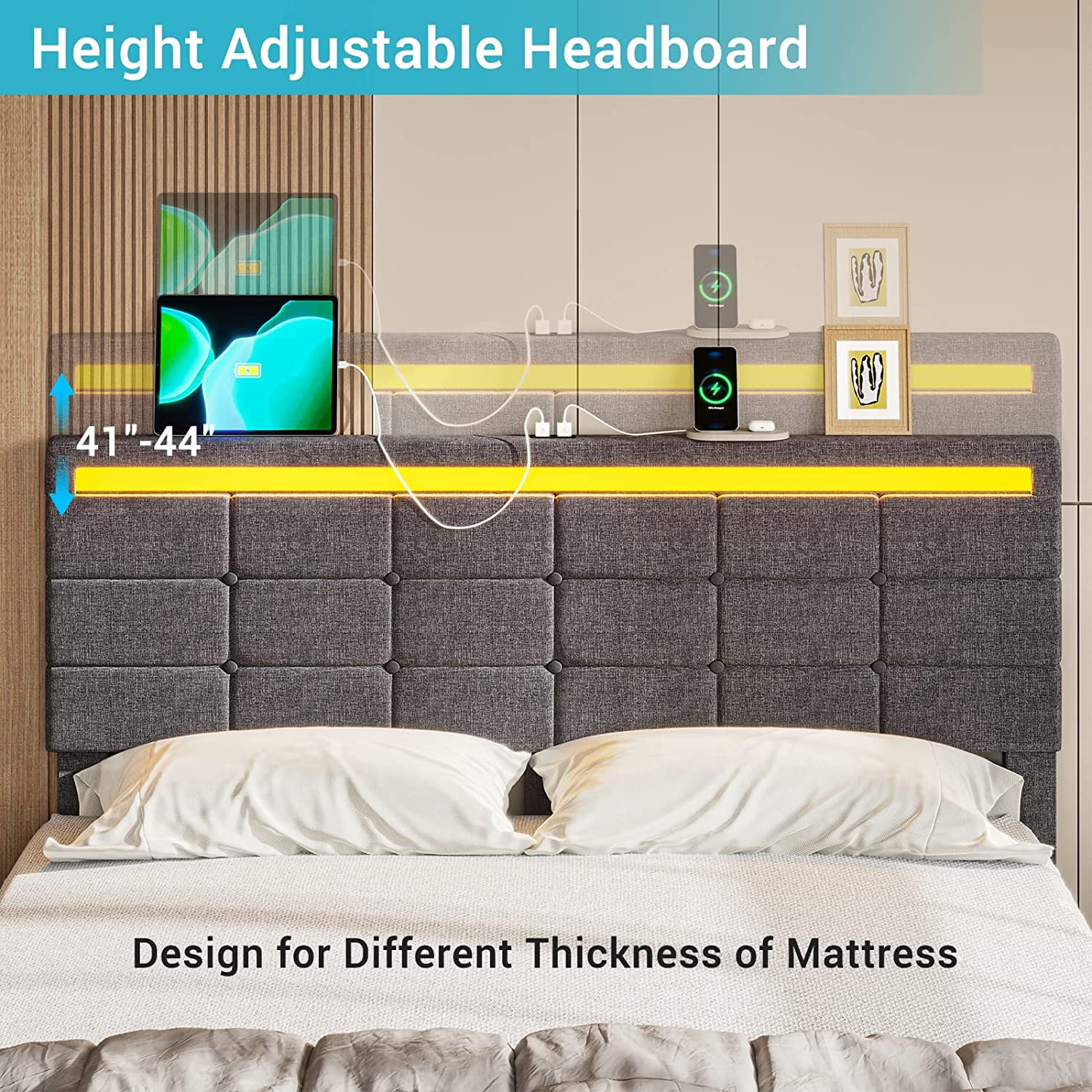 Afuhokles LED Bed Frame Queen Size with 2 USB Ports, Platform Bed Frame with Headboard and Footboard, Storage Drawers, Dark Grey