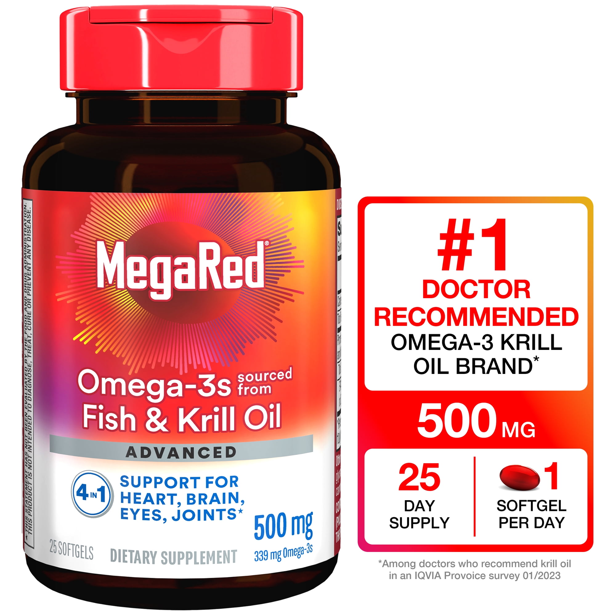 MegaRed Advanced 4in1 500mg Omega-3 Fish Krill Oil Supplements, Heart Brain Eyes Joints Health Omega 3, 25 Softgels