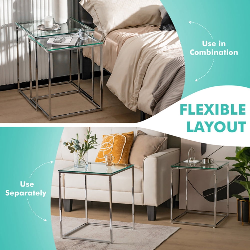 Finihen Coffee Table, Nesting Coffee Table, 2 Pieces Modern Nesting Coffee Table with Tempered Glass Top and Steel Frame, for Living Room, Reception Room, Sliver Finihen Coffee Table, Nesting Coffee Table, 2 Pieces Modern Nesting Coffee Table with Tempered Glass Top and Steel Frame, for Living Room, Reception Room, Sliver