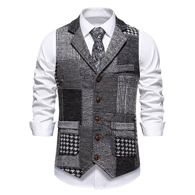 Style With Lapel Retro Patchwork Design Houndstooth Vest For Casual And Formal Wear Men'S Outerwear Vests