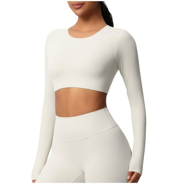 Timegard Hauts de Yoga pour Femmes Skinny Extensible Col Rond Manches Longues Cropped Tops de Gym Couleur Unie