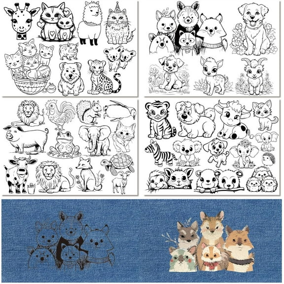 4 Sheets Water Soluble Embroidery Patterns Animals Dog Pig Lion Penguin Frog Fox Turtle Pre-Printed Self Adhesive Water Soluble Hand Sewing Stabilizers for Embroidery Shirts Coats Bags Towels