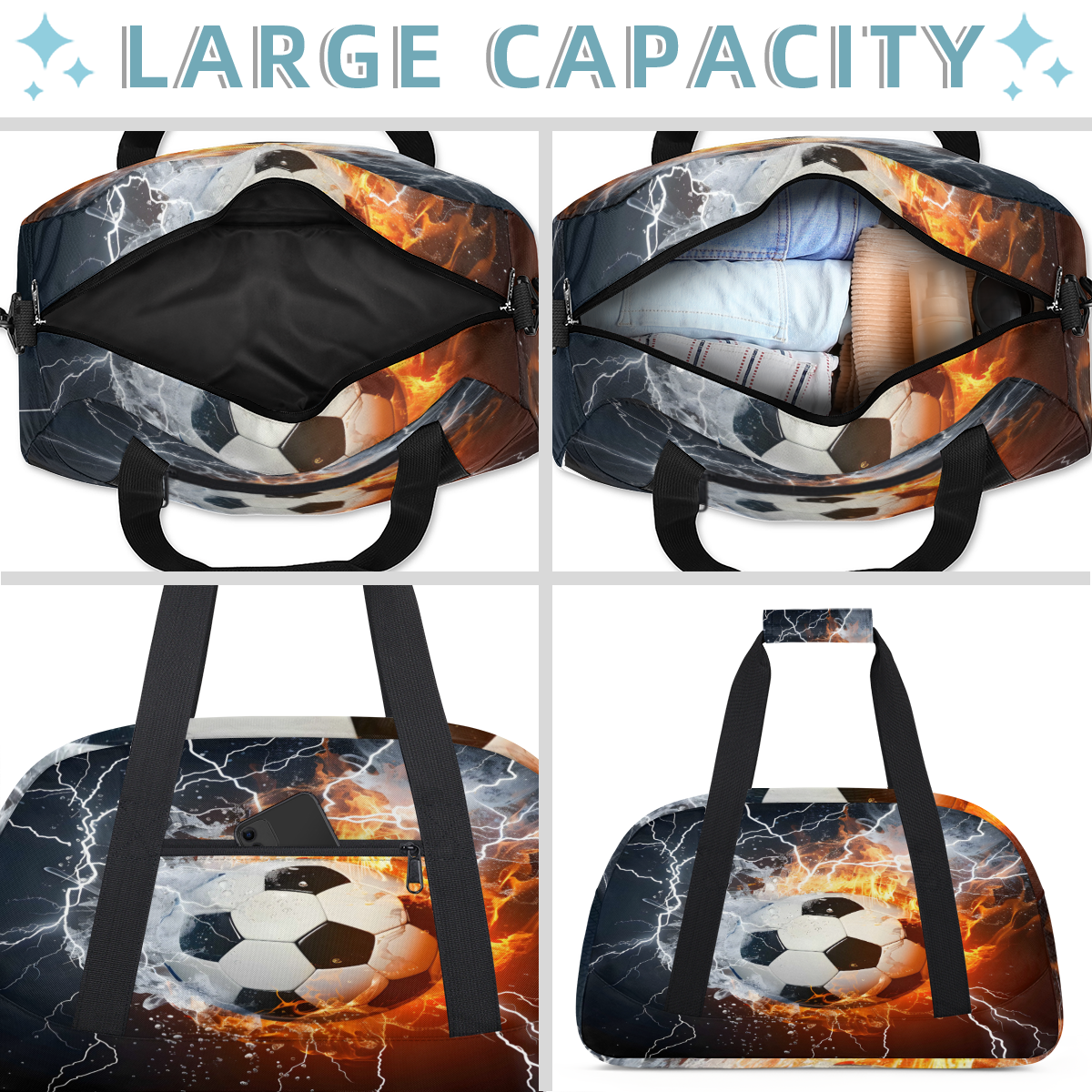 Herdesigns Soccer Ball Fire And Water Sports Duffle Bag for Women & Men, Gym Bag Dance Bag Overnight Bag Carry On Weekender Travel Bag