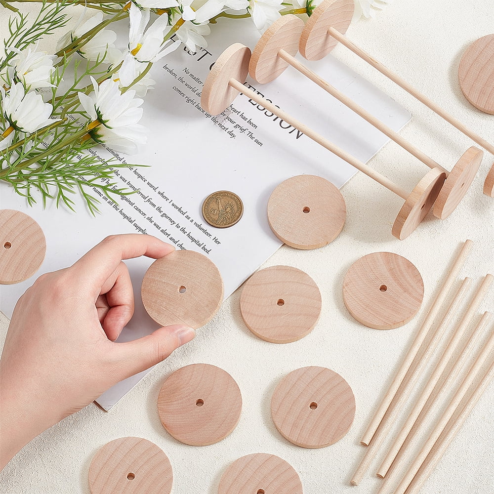 Schima Wood Unfinshed 100Pcs Wheel 50Pcs Stick Sets DIY Wooden Craft Wheat Stick: 15x0.5cm Wheel: 5x0.6cm Hole: 5.6mm