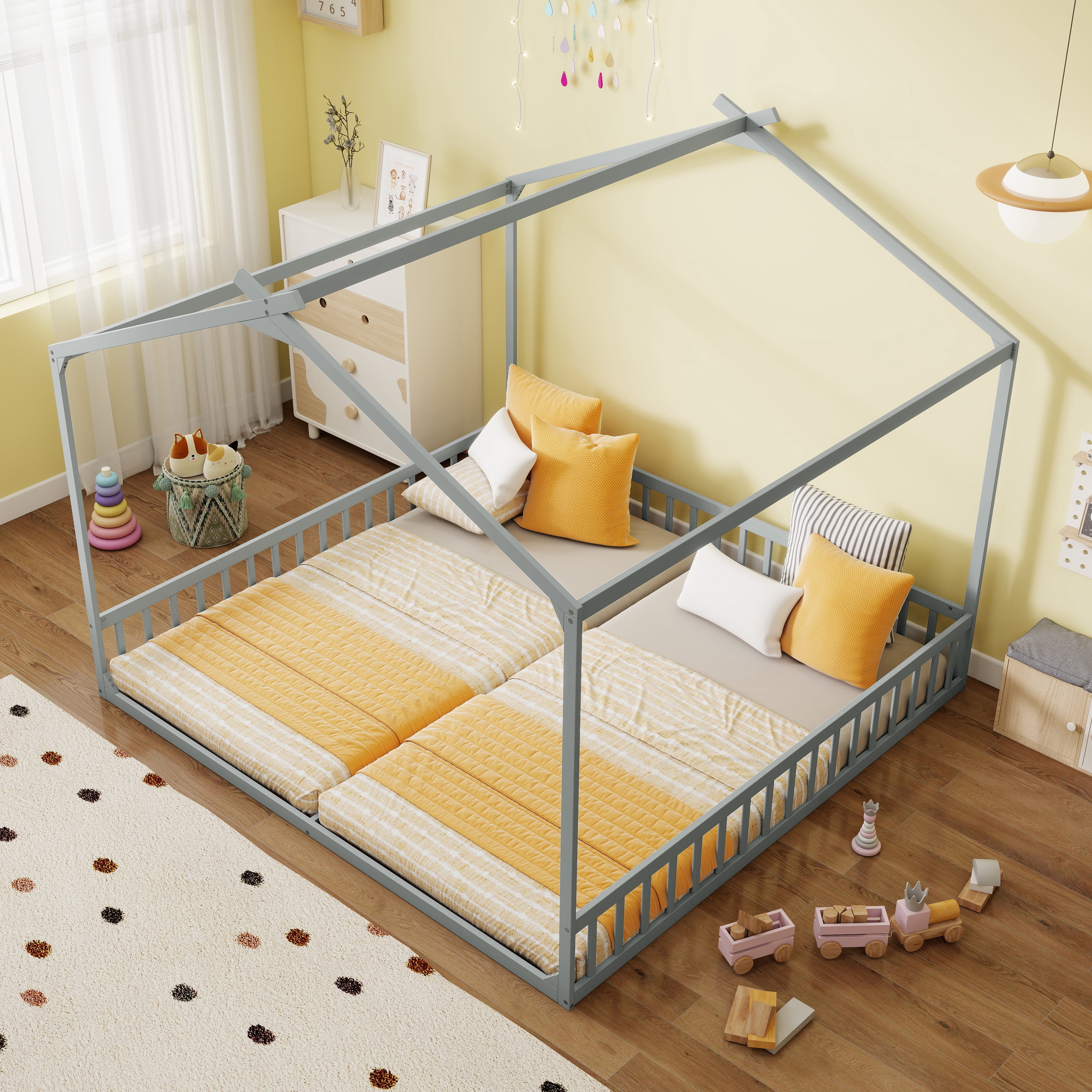 GARITIN Double Twin House Shaped Floor Bed 77.4 Inch, Kids Floor Bed with Safety Guardrails for Children Shared Bedroom, Grey