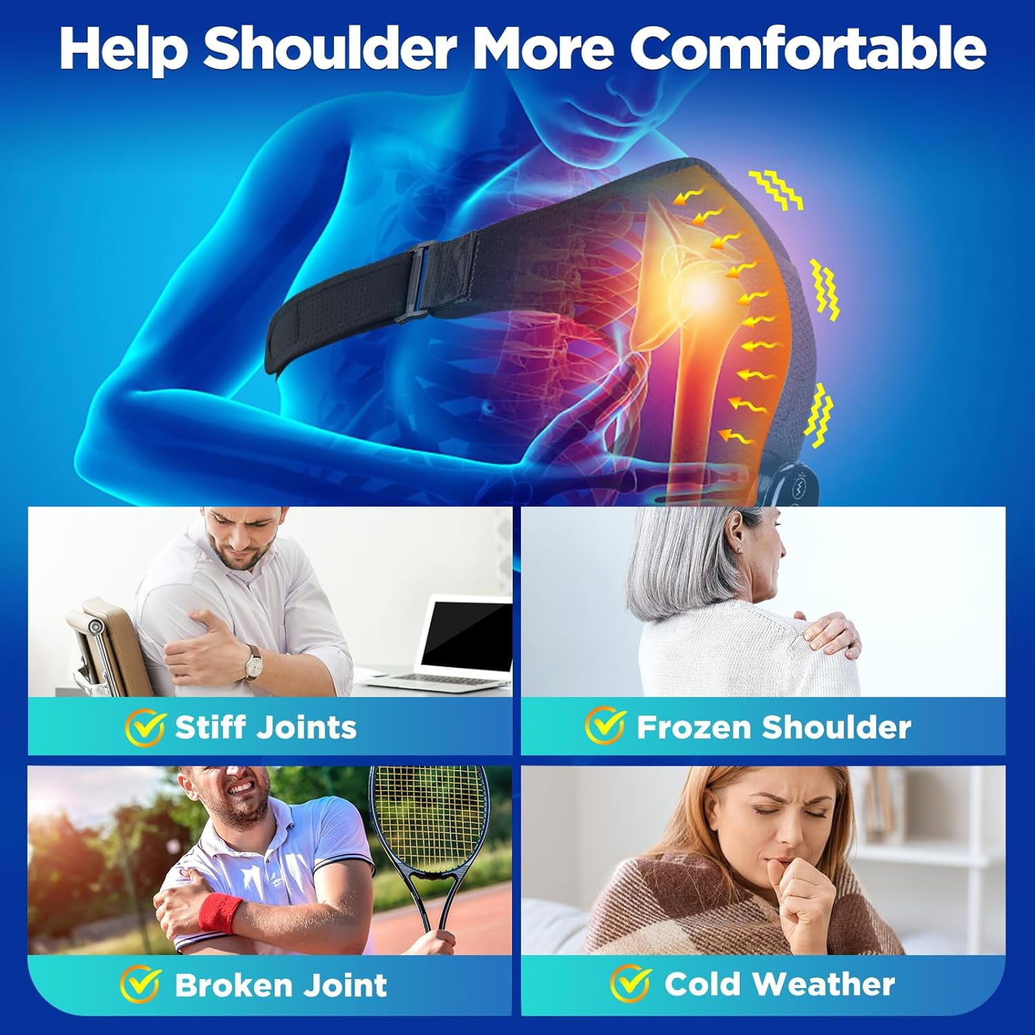 Heated Shoulder Brace Wrap, Electric Shoulder Heating Pad Massager, Rechargeable Cordless Shoulder Heated Wrap Massager with 3 Adjustable Vibrations for Men Women, Heated Shoulder Massage for Relief