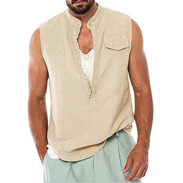 Hombres Casual Sólido Jersey Cuello en V Algodón Lino Sin mangas Bolsillo Camisetas sin mangas Pompotops oipoqjl30748