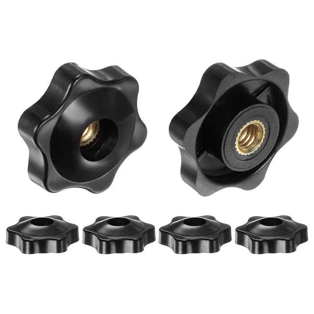 6 Piezas de perillas en forma de estrella con rosca 1/4-20, cabeza de 32 mm, inserto de latón, perilla roscada con orificio pasante, color negro