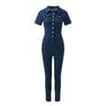 thumbnail image 4 of ZHOGXU Womens Denim Overalls Short Sleeve Lapel Buttons Comfortable Fashion Slim Fit Romper Jumpsuit For Casual Daily Wear,Blue,L, 4 of 9