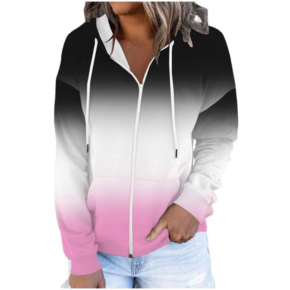 Usmixi Sweatshirt Coat for Women Winter Zipper up Sweatshirt for Women Long Sleeve Casual Fall Lightweight Drawstring Hooded Coat Trendy Pocket Gradient Print Hoodies Sweatshirt Top Weekly Deals