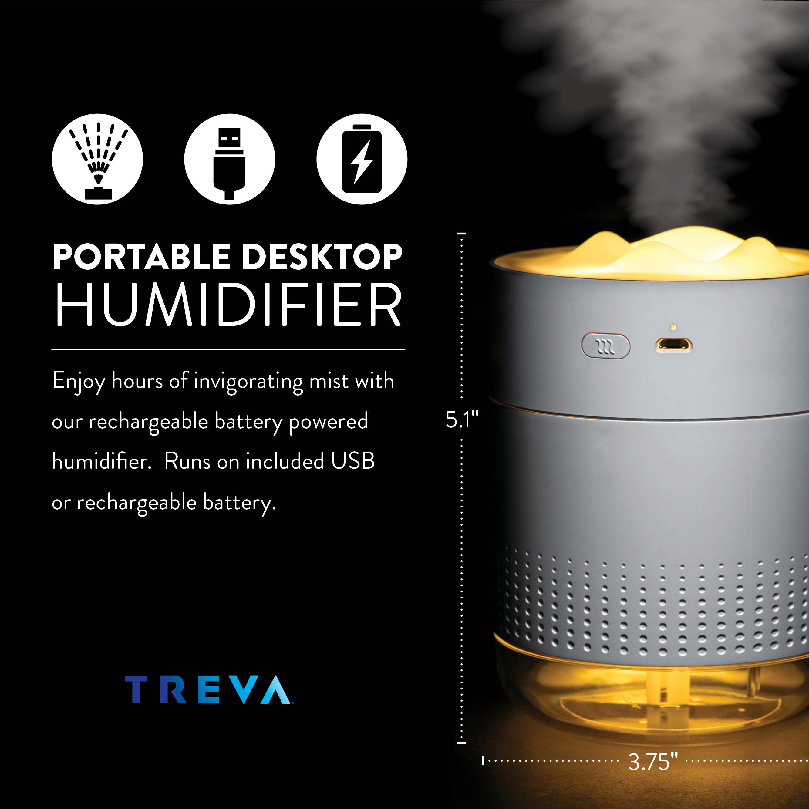 Treva Rechargeable Cool Mist Travel Humidifier, 500 ml with Nightlight - image 3 of 7