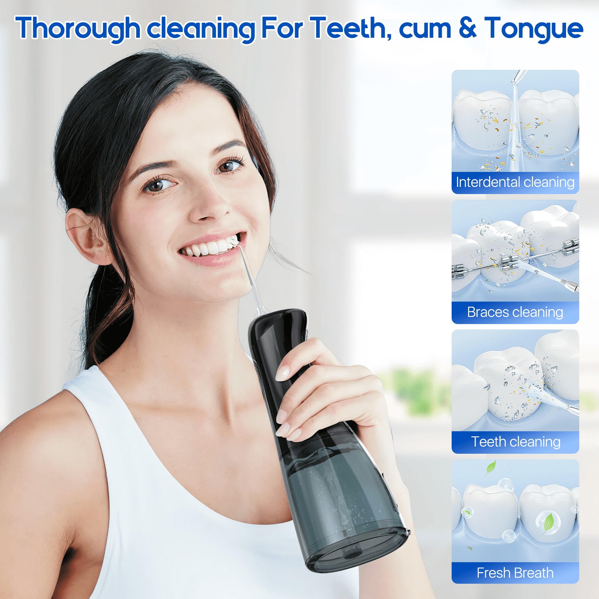 VIIWII Cordless Water Flosser , 400ML Large Tank Oral Irrigator, 8 Modes with LED Display, IPX7 Waterproof, Rechargeable Portable Dental Flosser for Home Travel (Black)