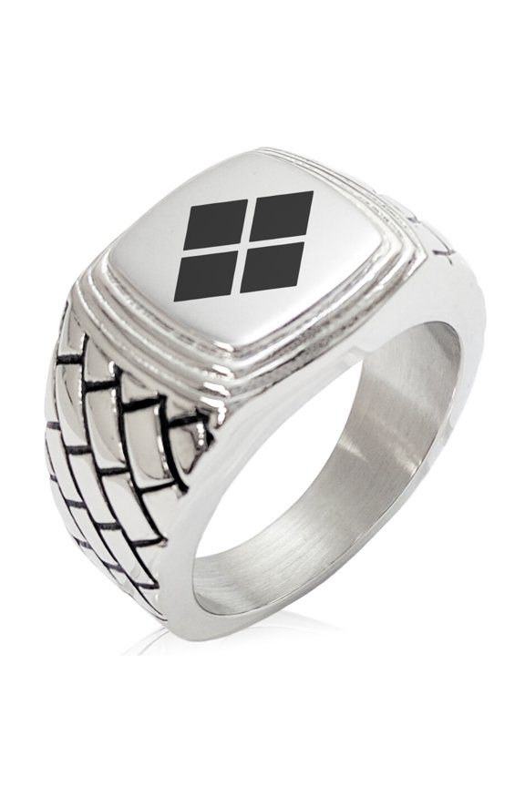 Stainless Steel Takeda Samurai Crest Geometric Pattern Step-Down Biker Style Polished Ring