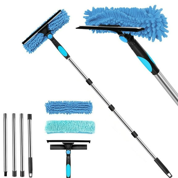 Fakrich Window Cleaning Squeegee Cleaner Kit, 3 in 1 Window Squeegee Extension Pole Long Handle & Groove Cleaning Tool for Window, Car, Shower Glass Door（A)