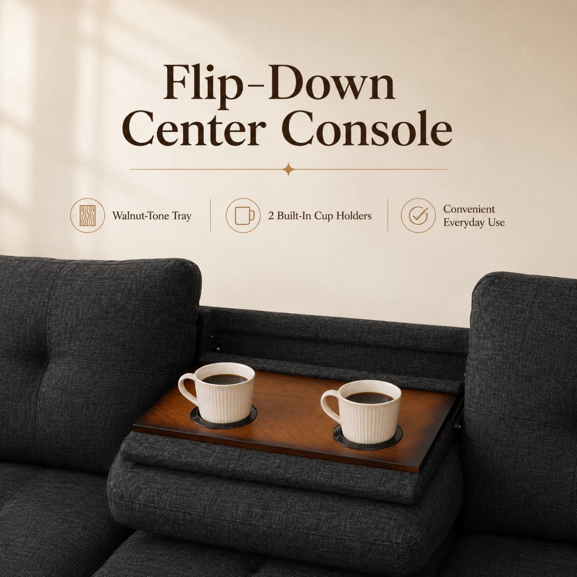Momspeace 98" L-Shaped Sectional Sofa, Oversized 6 Seater Sofa with Ottoman and Cup Holder, Linen, Black