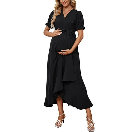 

Women s Maternity Dress V-Neck Short Sleeve Ruffle Long Dress Black S