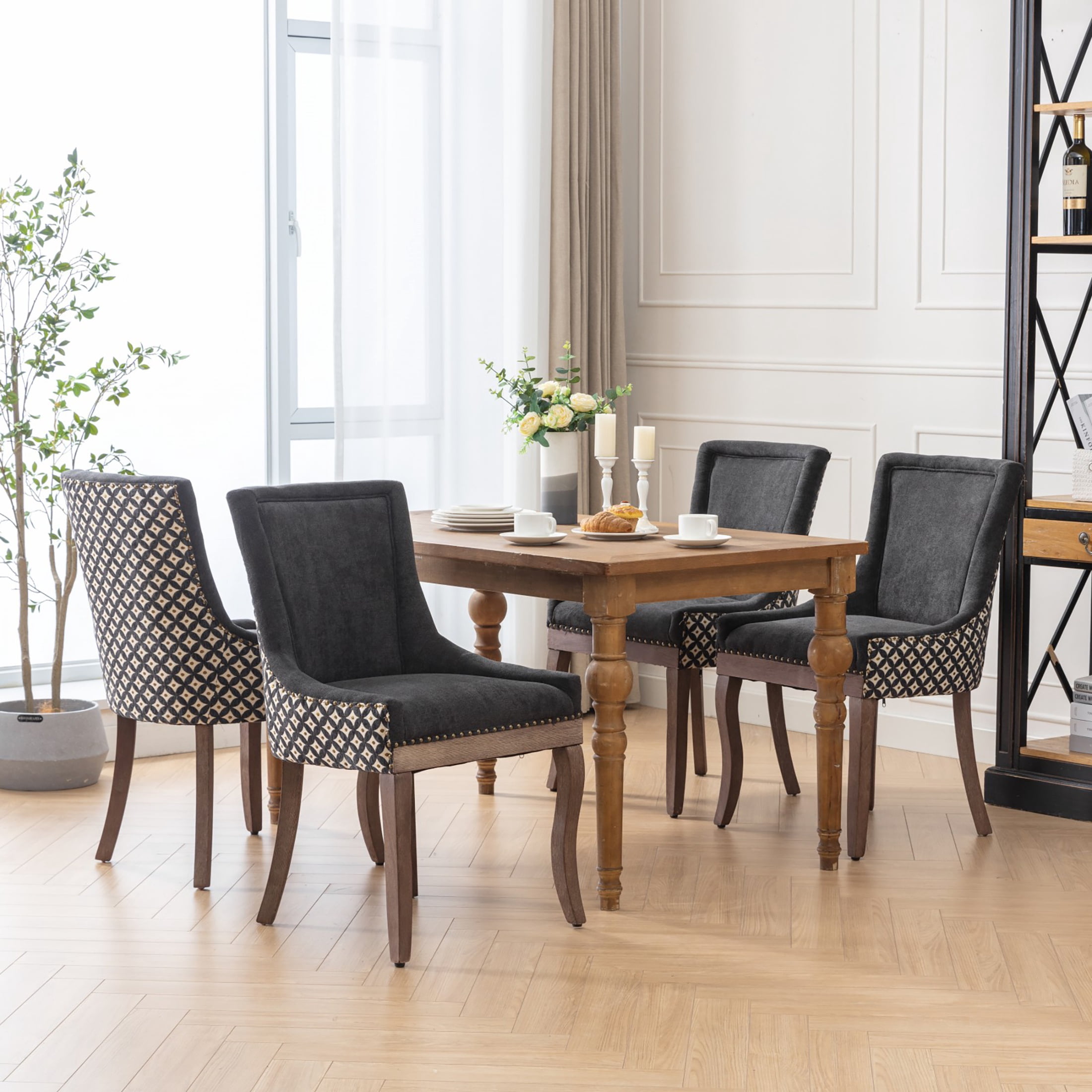 HSUNNS Indoor Dining Chairs Set of 2, Upholstered Armless Dining Room Chairs with High Backrest and Nailhead Design, Mid Century Side Dining Chairs with Wood Leg, Capacity of 300lbs, Black