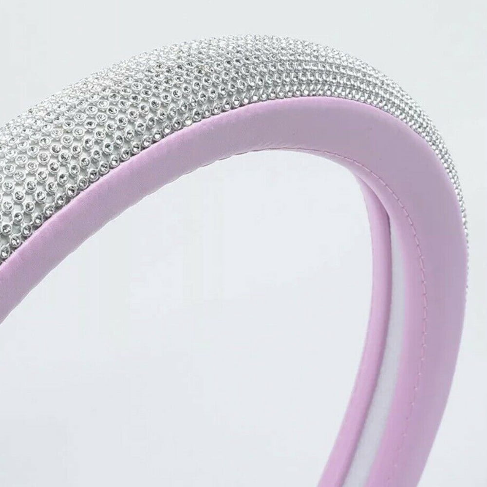 Crystal Rhinestones Steering Wheel Cover for Women Girls, Bling Diamond Pink Leather Steering Wheel Cover Universal 15 Inch Wheel Protector