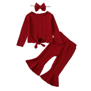 12 Months Baby Girls Clothes 18 Months Girls Pant Set Toddler Girls Long Sleeve Solid Color Top Pants Headband 3PCS Set Red