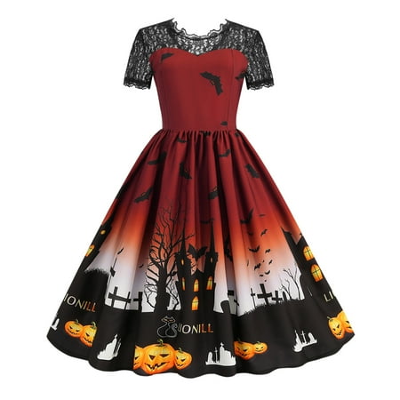 

wirlsweal Women Halloween Party Dress Hollow Lace Round Neck Retro A-line Big Hem Haunted House Bat Printed Short Sleeves Cosplay Evening Dress