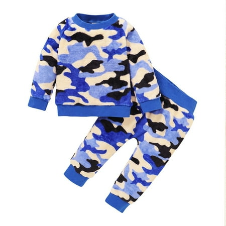 

Kucnuzki 18 Months Baby Boy Winter Outfits Pants Sets 24 Months Long Sleeve Camouflage Prints Fluffy Tops Elastic Pants 2PCS Set Blue