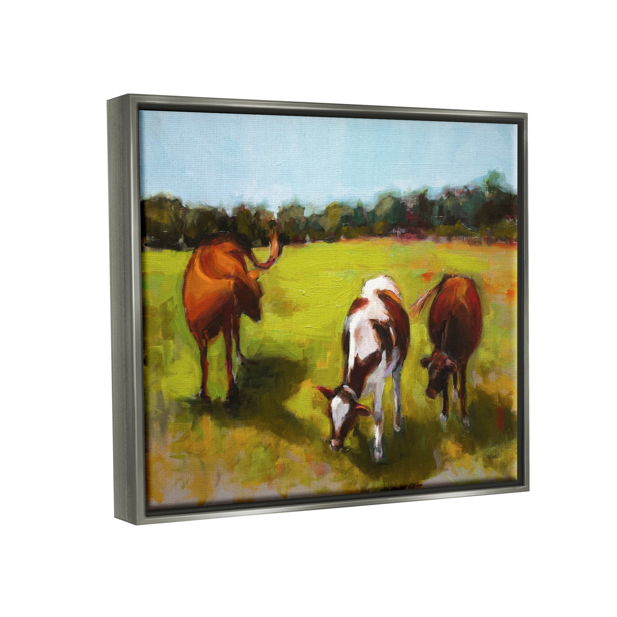 Stupell Industries Cattle in Countryside Painting Animals & Insects Painting Gray Floater Framed Art Print Wall Art, 21 x 17
