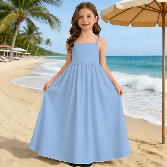 RUTAYY Children Girls Dress Backless Solid Color Sleeveless Casual Spaghetti Strap Loose Flowy Maxi Sundress Classic Beach Dresses