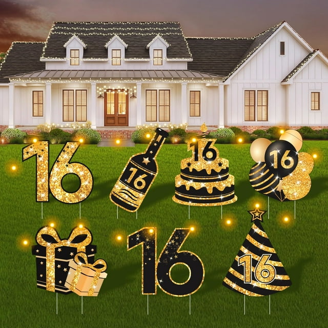 Sweet 16 Yard Signs ComboJoy - Luces LED doradas (7 unidades)