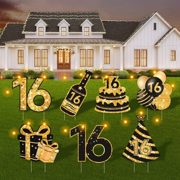 Sweet 16 Yard Signs ComboJoy - Luces LED doradas (7 unidades)