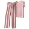 thumbnail image 2 of sunsanly 2 Pcs/Set Women T-shirt Pants Set Pleated Wide Leg V Neck Short Sleeves Loose Homewear Pullover Thin Plus Size Summer Top Trousers Set Women Clothing, 2 of 8