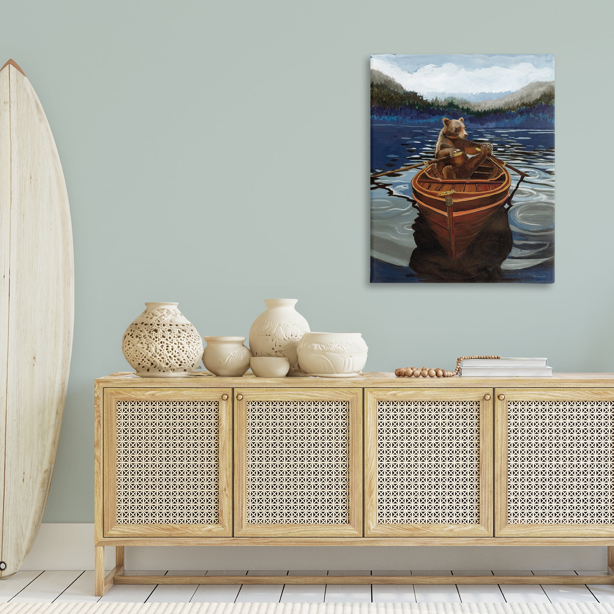 Stupell Industries Brown Bear on Row Boat Animals Painting Wrapped Canvas Art Print Wall Art, 30 x 40