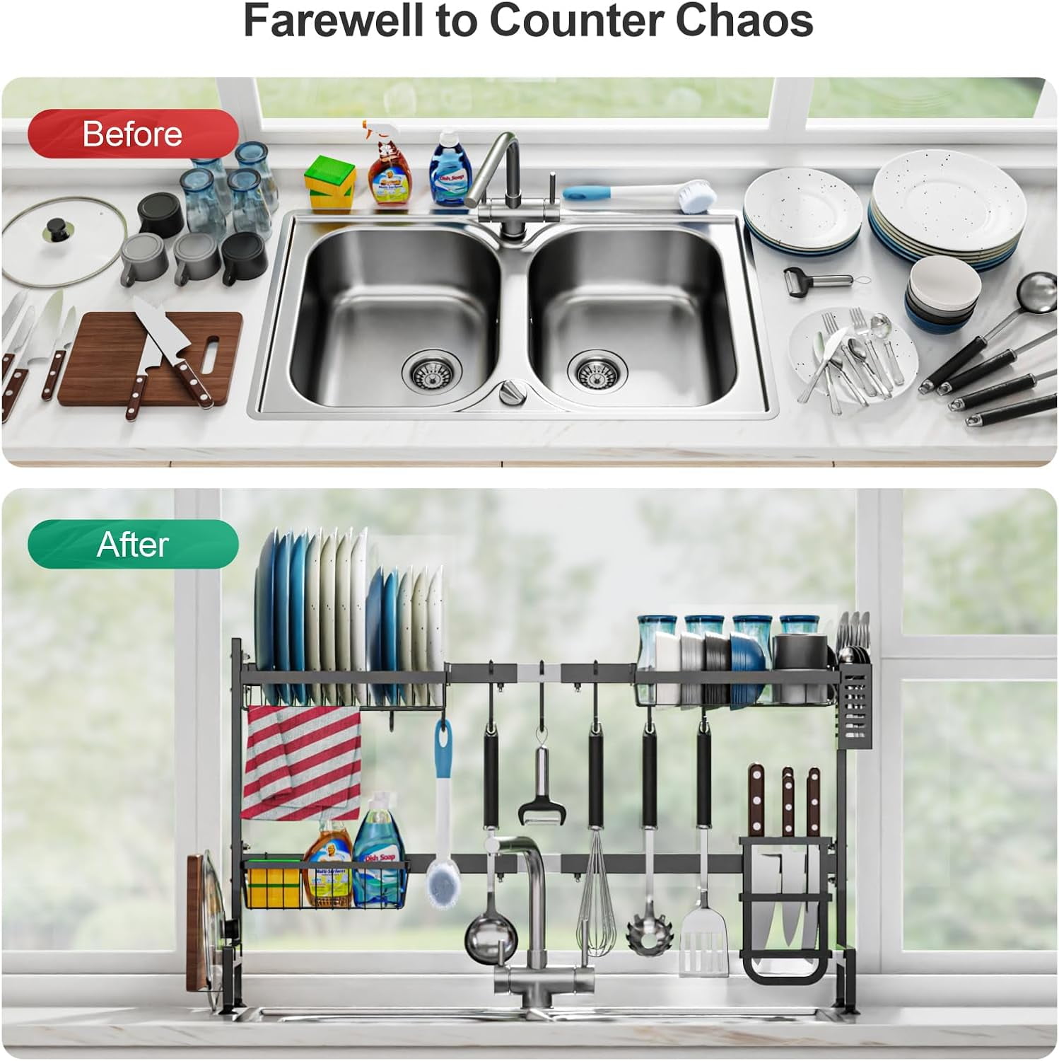 Over The Sink Dish Drainer Drying Rack - Adjustable Length (33.6"-39.6") Large Over Sink Dish Drying Rack with Cutting Board Holder, Utensil Sponge Holder, Kitchen Sink Shelf Organizer, Black