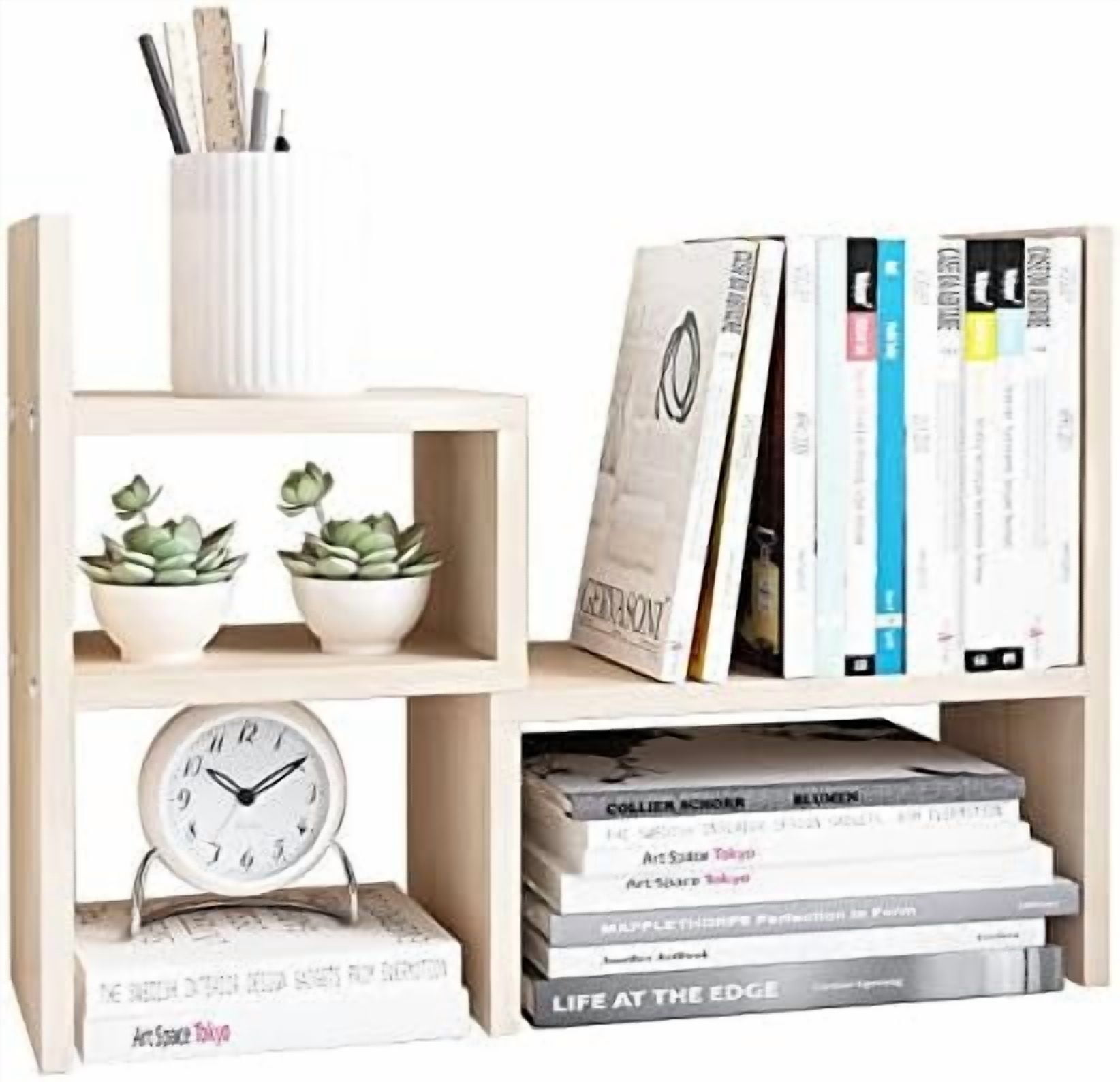 Desktop Organizer Office Storage Rack Adjustable Wood Display Shelf, White, 5 Units, 16"L x 15.8"H x 6.8"W