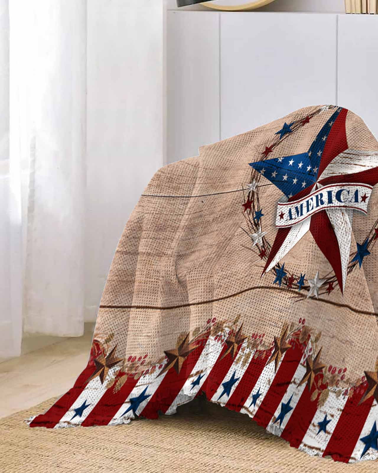 Independence Day Sofa Couch Covers for Dog,Washable Sofa Throw Cover Single Slipcovers for Armchair with Tassels,American Flag Country Style Star Couch Protector Towel Blanket Medium 71''x91''