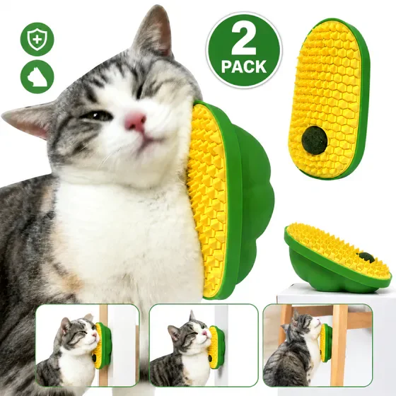 2 Pcs Wall Mounted Catnip Toy Balls, Cat Face Scratcher, Corner Cat Self Groomer, Soft Grooming Brush Enrichment Toys for Indoor Cats