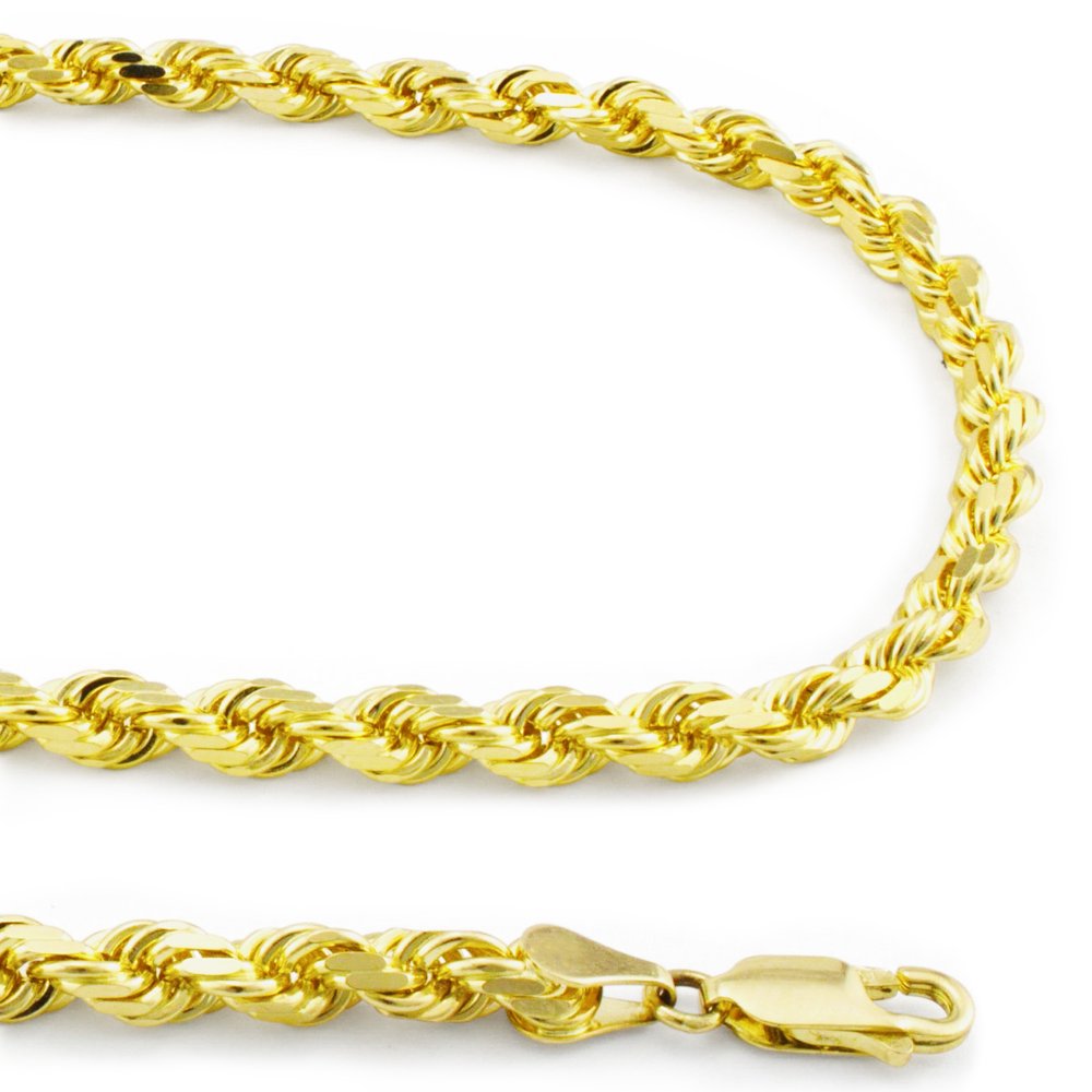 Nuragold 10k Yellow Gold 4mm Hollow Rope Chain Pendant Necklace Men