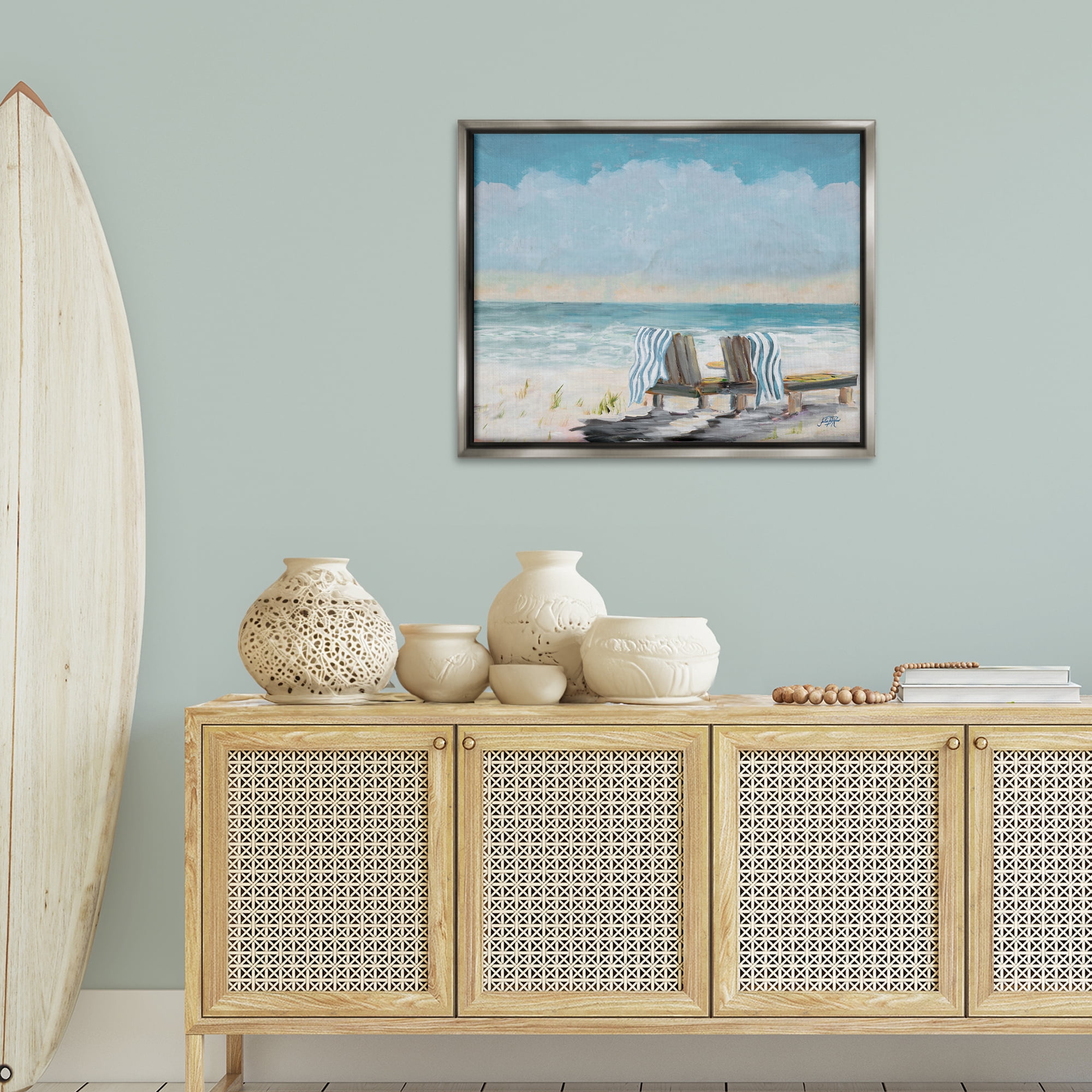 Stupell Industries Peaceful Beach Chairs Landscape Painting Gray Floater Framed Canvas Art Print Wall Art, 31 x 25