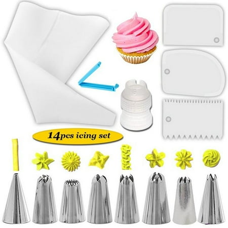 

14pcs Cake Decorating Kit Piping Tips Silicone Pastry Icing Bag Nozzle Cream Scraper Coupler Set DIY Cake Decorating Tools
