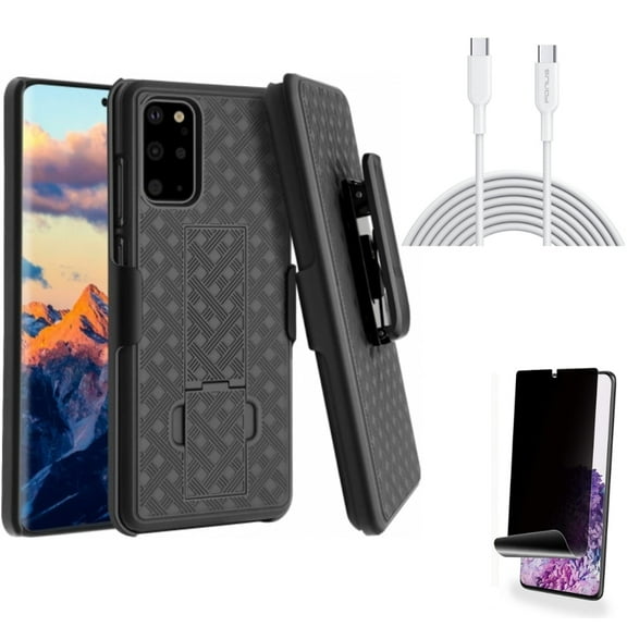 Privacy Screen Protector w 10ft Long Type-C Cable w Case Belt Clip for Samsung Galaxy S20 Plus - TPU Film [NOT GLASS] [Fingerprint Works], Fast Charger Cord PD Power, Holster fits Galaxy S20 Plus