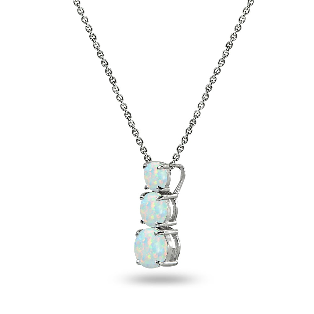 Simulated White Opal Round 3-Stone Journey Sterling Silver Pendant Necklace