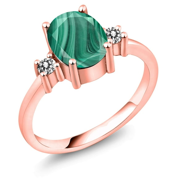 Gem Stone King 2.63 Ct Oval Green Malachite White Diamond 18K Rose Gold Plated Silver Ring (Size 7)