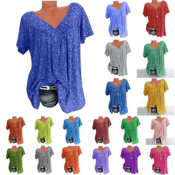 Mgmyaa Women Plus Size Short Sleeve T-Shirt, Casual V-Neck Loose Fit Flowy Summer Tops Women, Colorful Floral Print Pullover Blouses