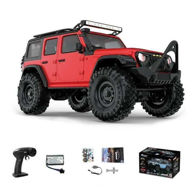 HB-R1604 1:16 Scale 2.4Ghz 4WD RC Rock Crawler, Red Wrangler Style Off-Road Vehicle with Brushed Motor, 65m Control Range, 9kg Steering Servo, All-Terrain Tires, Suspension System, Simulated Lighting