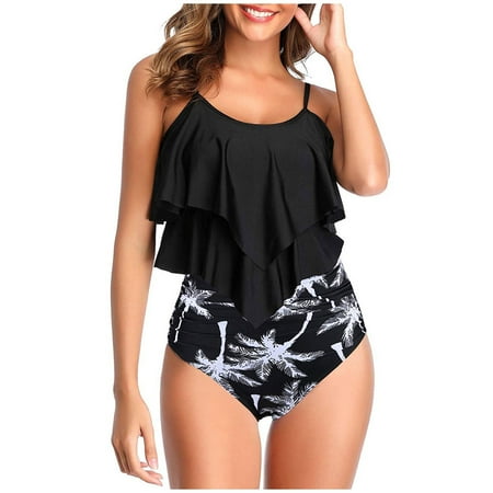 YWDJ Bathing Suit for Women 2 Piece Bikini High Waisted Full Coverage Ruffle Hawaiian Flower Print with Swimsuit Bottom Conservative Beach Beachwear Fashion Tummy Control Bikini Sets 40-Black S