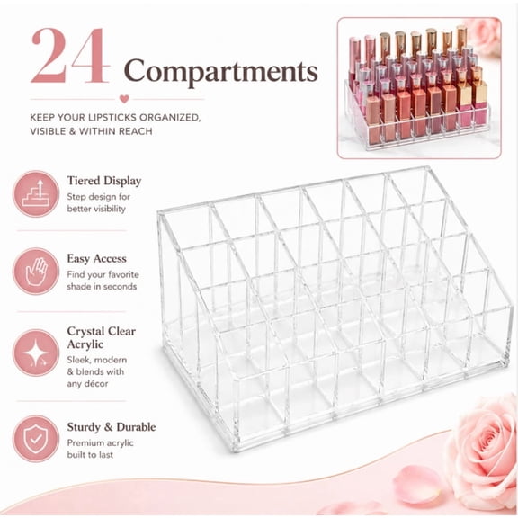 24 Slot Clear Acrylic Lipstick Display Holder, Cosmetic Organizer for Makeup Storage, TIKA