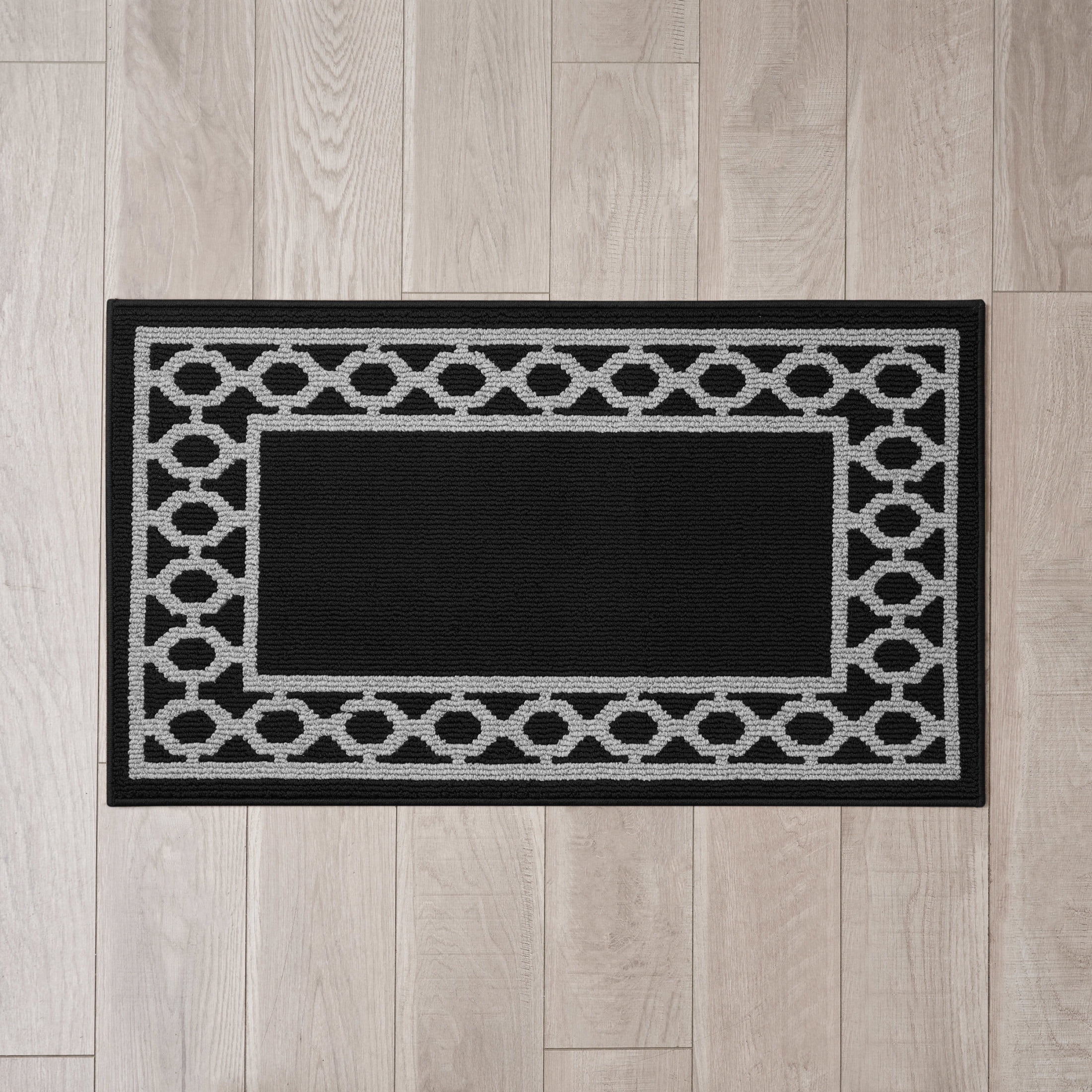 Washable Skid-Resistant Runner Rug, Trellis Border , Black and Twisted Grey , 26" x 45"