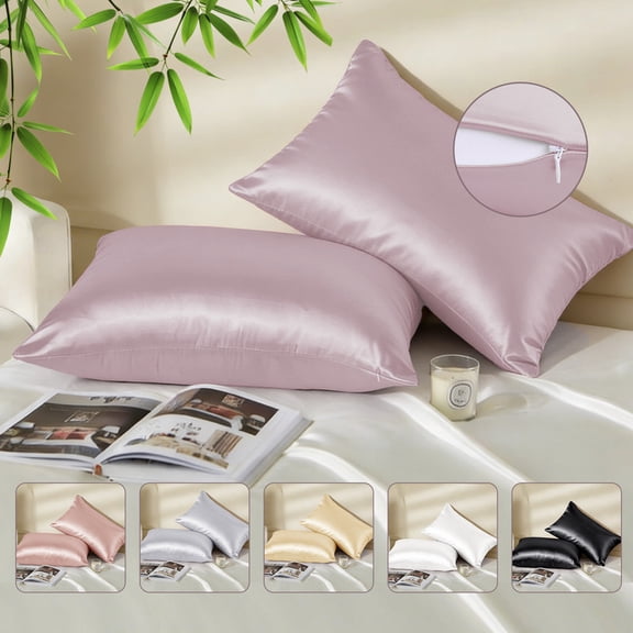 Bamboo Cooling Satin Pillowcase with Zipper, 2Pcs Lavender Ultra Soft and Silky Pillow Cases Standard Size， Pillow Covers for Hair Protection & Hot Sleepers
