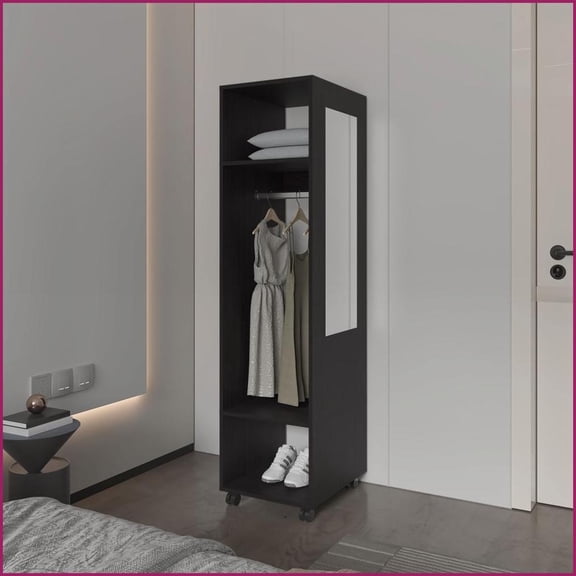 Wardrobes | Modern Mobile Wardrobe with Mirror, Open Storage | Black | Melamine