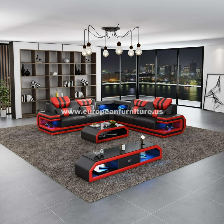 BLACK RED Italian Leather Sectional Sofa LIGHTSABER EUROPEAN FURNITURE Modern