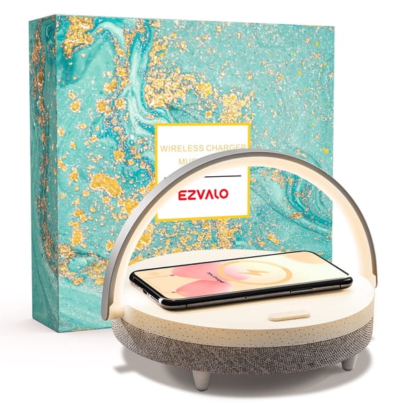EZVALO Gifts for Women, 4-in-1 Bluetooth Speaker, Bedside Lamp with Wireless Charger, Dimmable Night Light and Phone Holder, Birt